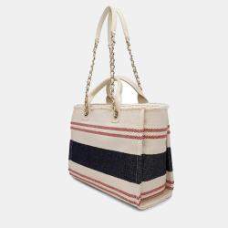 Chanel Shopping Deauville Ecru Red Blue Cotton Leather Tote Bag