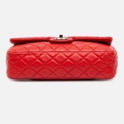 Pre Owned Chanel Red Medium Classic Lambskin Double Flap