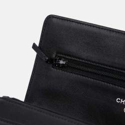 Chanel Black Lambskin Camellia Embossed Wallet On Chain
