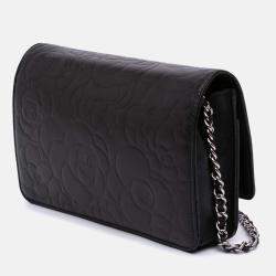 Chanel Black Lambskin Camellia Embossed Wallet On Chain