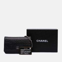 Chanel Black Lambskin Camellia Embossed Wallet On Chain