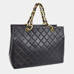 Pre Owned Chanel Black Calfskin Tote Chain Handbag