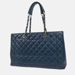 Pre Owned حقيبة يد شانيل توتس سلسلة كبيرة جلد عجل أزرق غراند شوبينغ أكس لارج