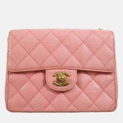Pre Owned Chanel Pink Calfskin Mini Classic Square Flap Bag