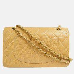 Chanel Classic Double Flap Medium Beige Caviar Leather Shoulder Bag