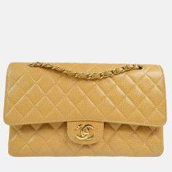 Chanel Classic Double Flap Medium Beige Caviar Leather Shoulder Bag
