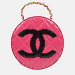 Chanel Quilted Patent Vintage Round Top Handle Vanity Case 