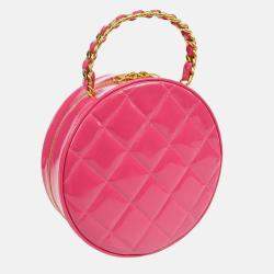 Chanel Quilted Patent Vintage Round Top Handle Vanity Case 