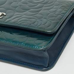 Chanel Teal Green Leather CC Camellia Embossed Wallet On Chain