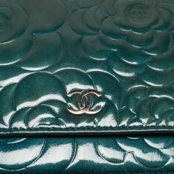 Chanel Teal Green Leather CC Camellia Embossed Wallet On Chain
