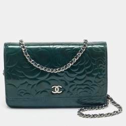 Chanel Teal Green Leather CC Camellia Embossed Wallet On Chain