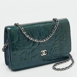 Chanel Teal Green Leather CC Camellia Embossed Wallet On Chain