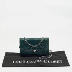 Chanel Teal Green Leather CC Camellia Embossed Wallet On Chain