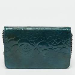 Chanel Teal Green Leather CC Camellia Embossed Wallet On Chain