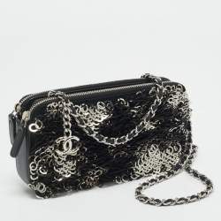 Chanel Black Leather and Sequins Double Zip Chain Clutch