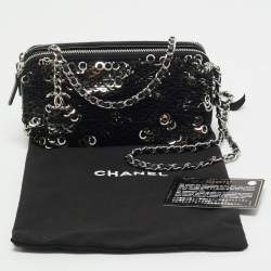Chanel Black Leather and Sequins Double Zip Chain Clutch