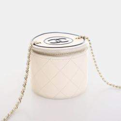 Pre Owned Chanel Round Vanity Small White Lambskin Crossbody Bag