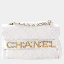 Chanel Medium White Calfskin Logo Enchained Flap Bag