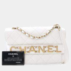 Chanel Medium White Calfskin Logo Enchained Flap Bag