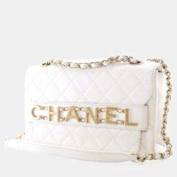 Chanel Medium White Calfskin Logo Enchained Flap Bag