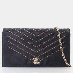 Chanel Black Nubuck Suede Micro Chain Chevron Flap Bag