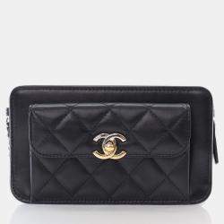 Chanel Black Lambskin Front Pocket Clutch With Chain