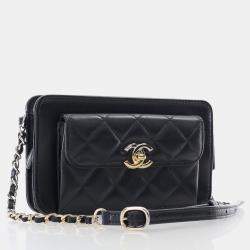 Chanel Black Lambskin Front Pocket Clutch With Chain
