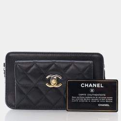 Chanel Black Lambskin Front Pocket Clutch With Chain
