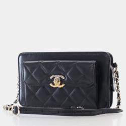 Chanel Black Lambskin Front Pocket Clutch With Chain