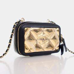 Chanel Extra Mini Black Lambskin Golden Plate Zip Around Vanity Case