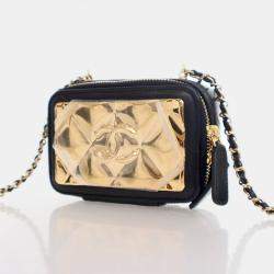 Chanel Extra Mini Black Lambskin Golden Plate Zip Around Vanity Case