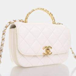 Chanel Crystal Top Small White Calfskin Handle Flap Bag