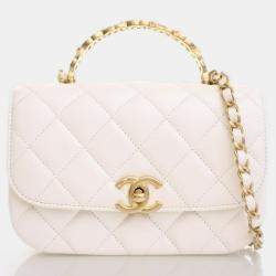 Chanel Crystal Top Small White Calfskin Handle Flap Bag