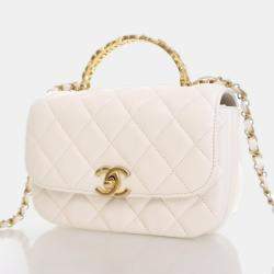 Chanel Crystal Top Small White Calfskin Handle Flap Bag