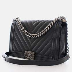 Chanel Boy Large Black Caviar Chevron Bag