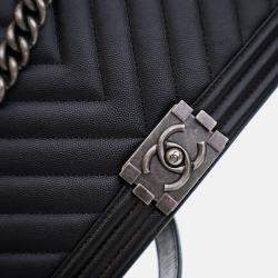 Chanel Boy Large Black Caviar Chevron Bag
