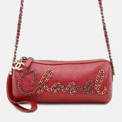 Chanel Written In Chain Red Leather Bowling Bag 