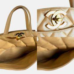 Chanel Handbag Caviar Skin Leather Beige Gold