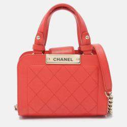 Chanel Label Click Shopper Small Red Grained Calfskin Stitched Tote Bag