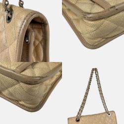 Chanel Shoulder Bag Caviar Skin Leather Beige Silver
