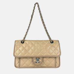 Chanel Shoulder Bag Caviar Skin Leather Beige Silver