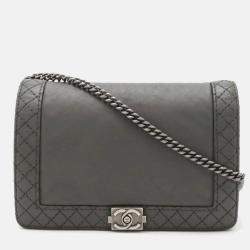 Chanel Boy Chanel Coco Mark Chain Wallet Shoulder Bag Pochette Quilted Leather Grey