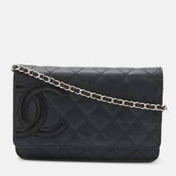 Chanel Cambon Line Coco Mark Chain Wallet Shoulder Bag Pochette Calfskin Enamel Black