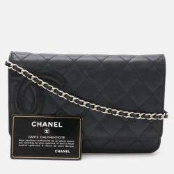 Chanel Cambon Line Coco Mark Chain Wallet Shoulder Bag Pochette Calfskin Enamel Black