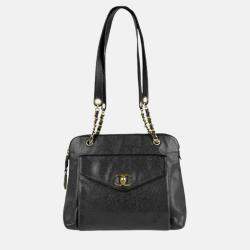 Chanel Front Pocket Black Leather Shoulder Bag 