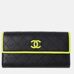 Chanel Wallet Matelasse Long Lambskin Black Yellow Bicolor