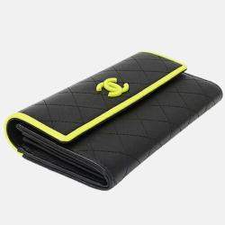 Chanel Wallet Matelasse Long Lambskin Black Yellow Bicolor