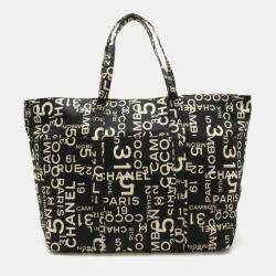 Chanel By Sea Line Tote Bag Large Plastic Chain Canvas Black Ivory