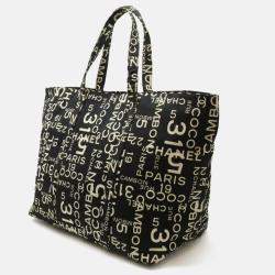 Chanel By Sea Line Tote Bag Large Plastic Chain Canvas Black Ivory