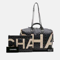 Chanel Black/White Large Coated Canvas Camellia Maxi Logo Bowling Bag